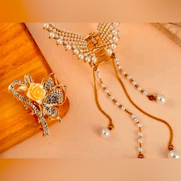 Set of 2 Hair Accessories-Butterfly and Rose with Simulated Pearls & Crystals - Picture 1 of 5